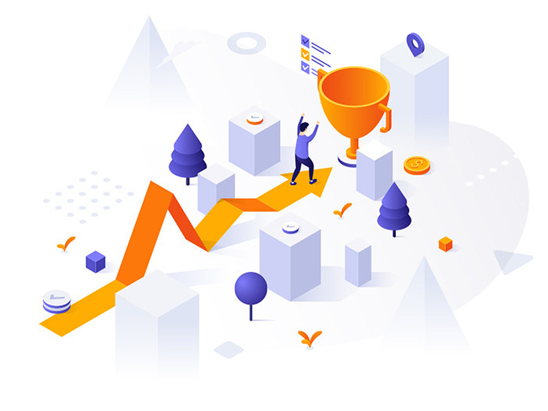 Illustration of a person walking on an upward arrow path toward a large golden trophy, symbolizing progress and achievement, with abstract trees, buildings, and checklists in the background.