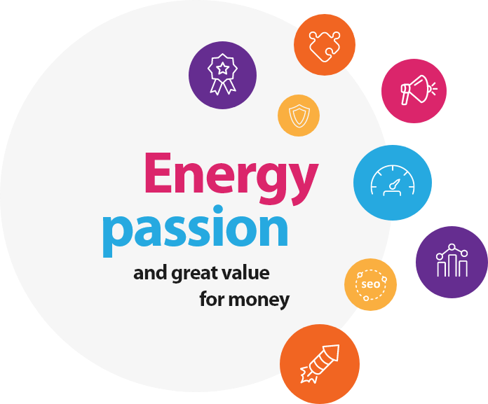Graphic with the words “Energy, passion and great value for money” surrounded by icons representing learning, performance, SEO, security, and growth, used by The Learning Syndicate.