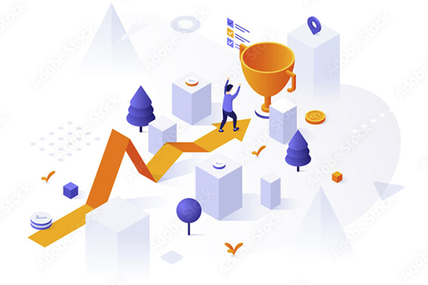 Illustration of a person walking a path toward a trophy with progress markers – symbolising gamification in learning with The Learning Syndicate.